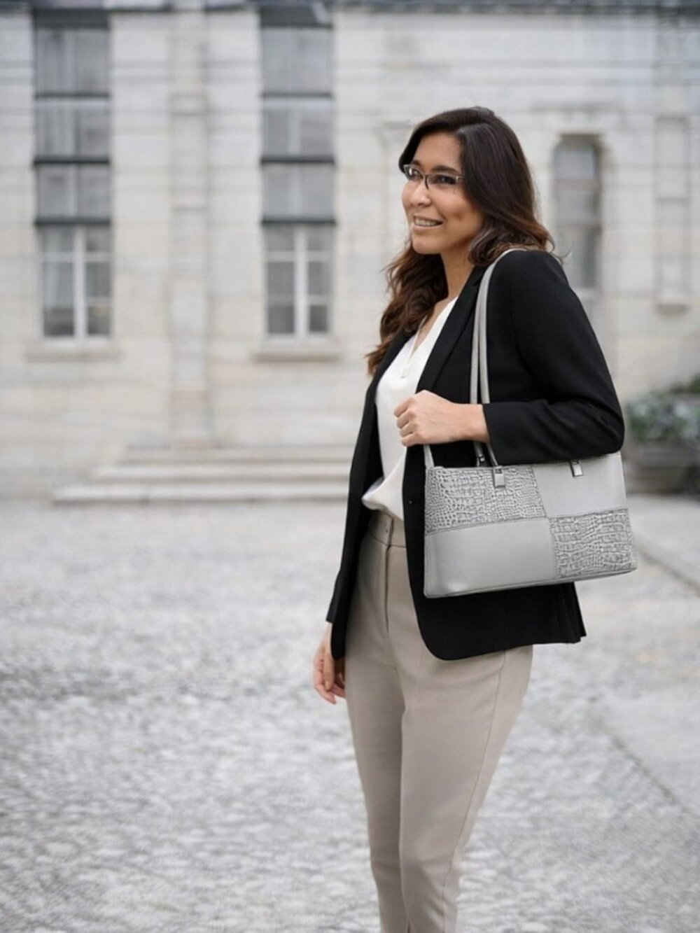 Gray Croc Embossed Structured Shoulder Bag Elegant Sturdy Faux Leather Handbag - Picture 2 of 8
